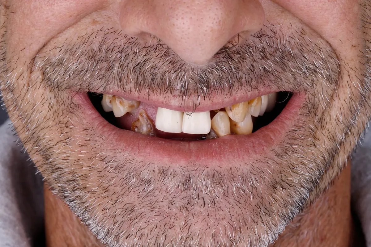 Before treatment — Fixed teeth after long-term denture wear
